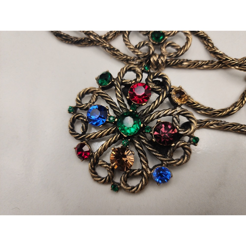 Vintage Antique Crystal Medallion Gold Tone Multi Strand Chain Belt Multicolor